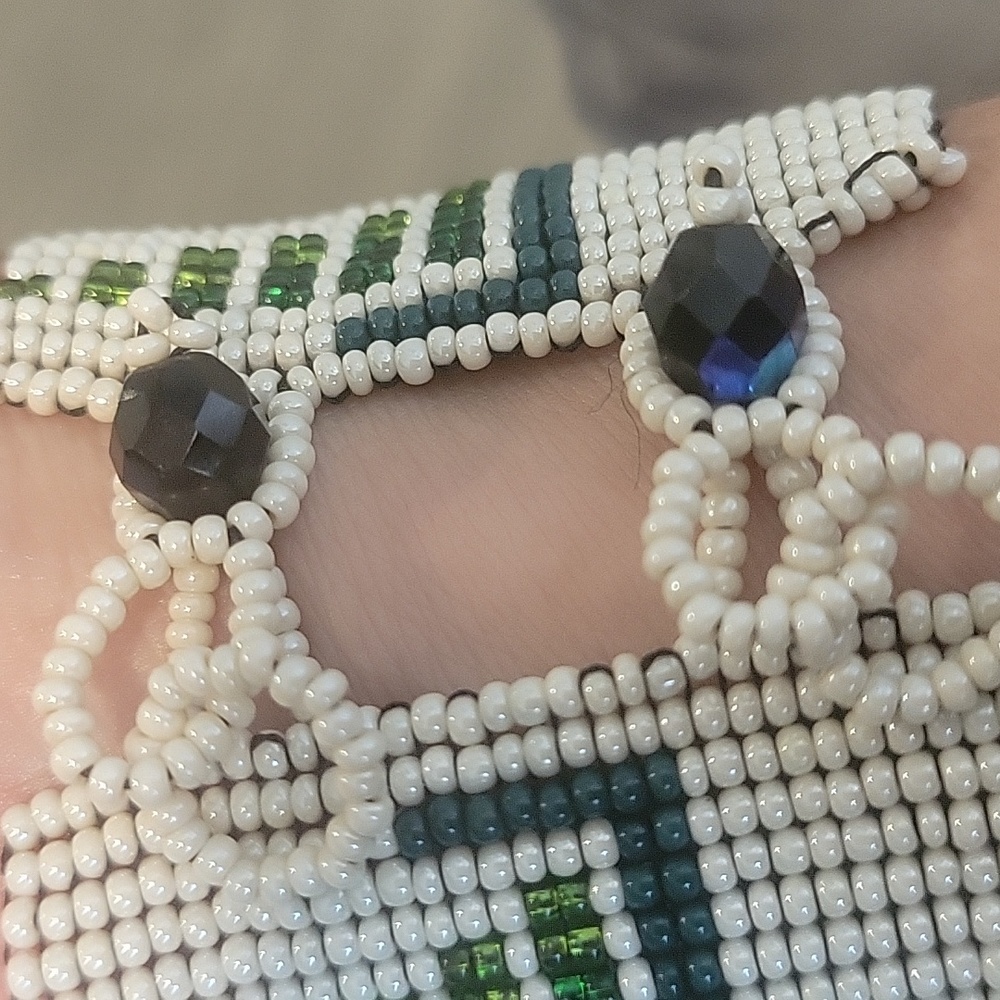 Seed Bead Cuff Bracelet with Cream, Green, Aqua Beads 6" x 2" - Picture 4 of 6
